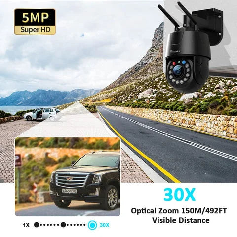 Caméra de Surveillance WiFi 5MP – 30X Zoom Optique Extérieure – Connectée Smartphone