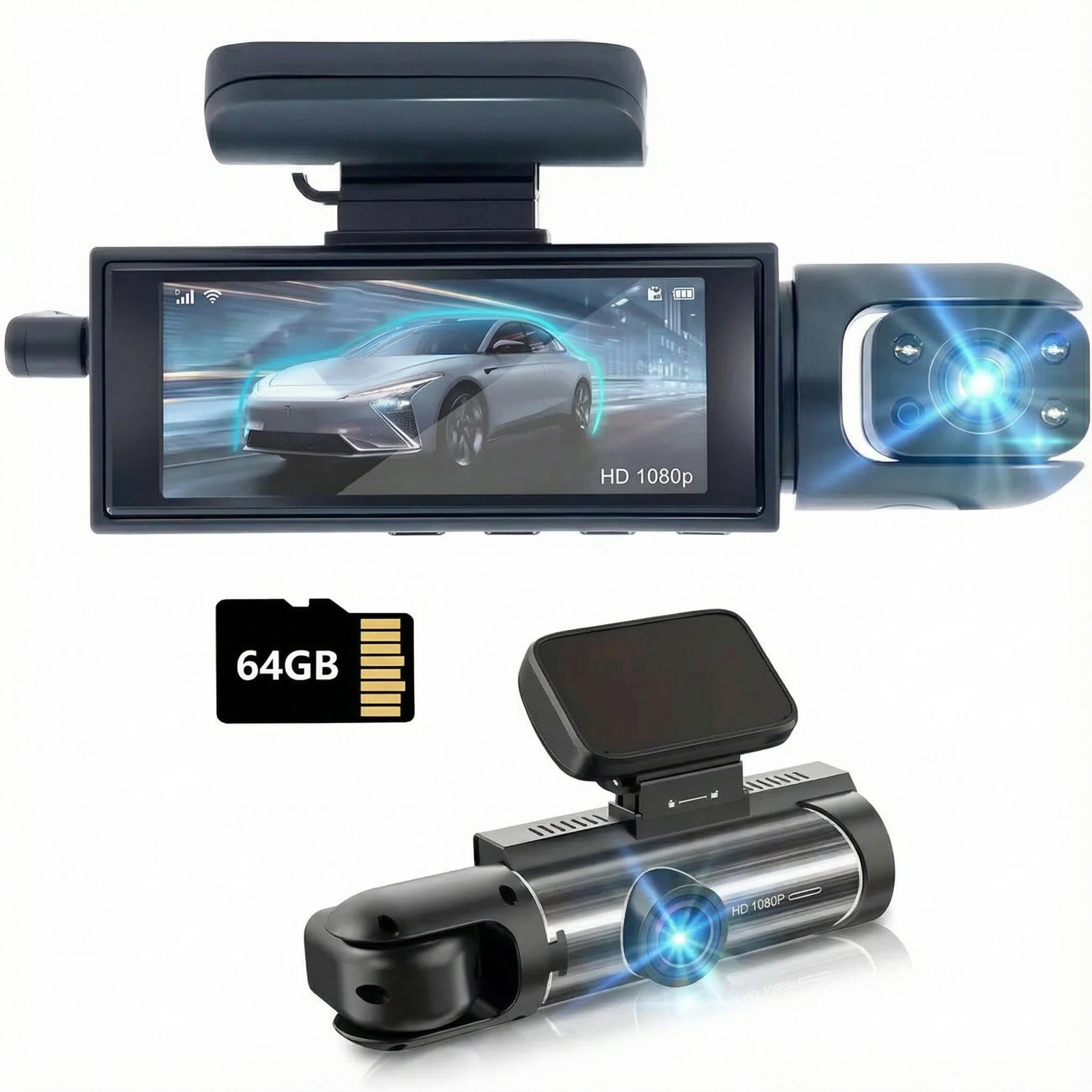 Dashcam voiture double caméra avec carte SD 64 Go