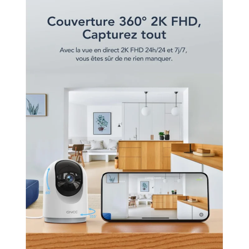 GNCC 2K 3MP Caméra Surveillance 360° Caméra Connectée Smartphone