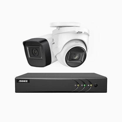 EL200 - Kit de surveillance filaire 1080p à 4 canaux avec 1 caméras bullet et 1 caméra tourelle, DVR intelligent avec détection humaine et véhicule, vision nocturne infrarouge de 66 pieds, signal de sortie 4-en-1, IP67