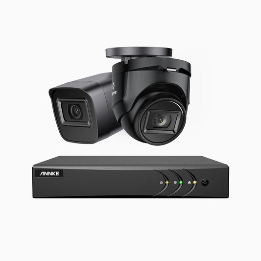 EL200 - Kit de surveillance filaire 1080p à 4 canaux avec 1 caméras bullet et 1 caméra tourelle, DVR intelligent avec détection humaine et véhicule, vision nocturne infrarouge de 66 pieds, signal de sortie 4-en-1, IP67