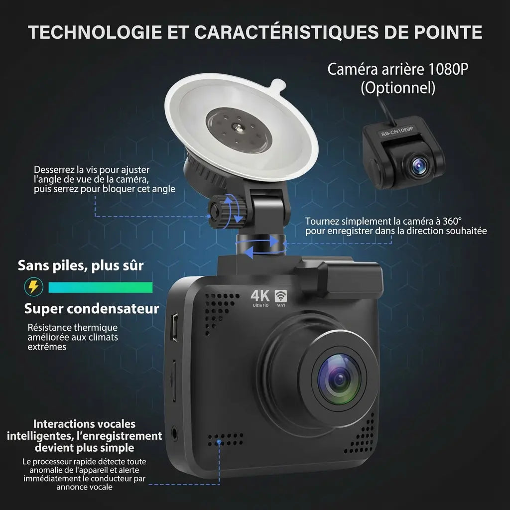 Caméra voiture dashcam 4K avec suivi GPS - vue arrière