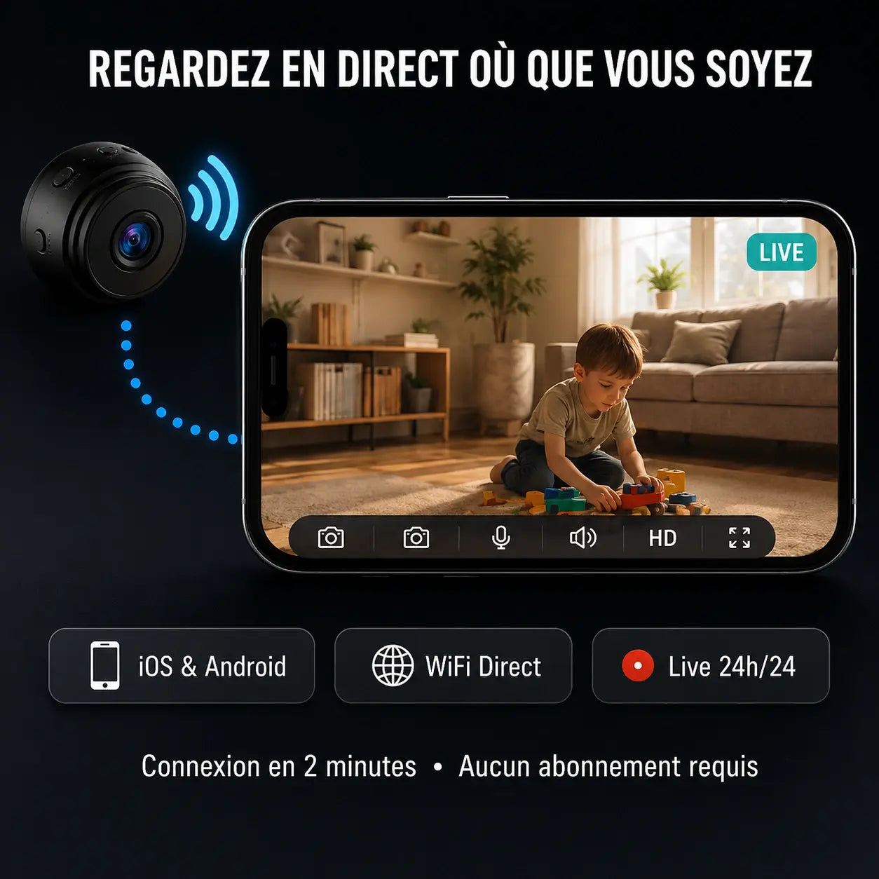 Mini Caméra Espion Intérieur WiFi 1080P - en situation