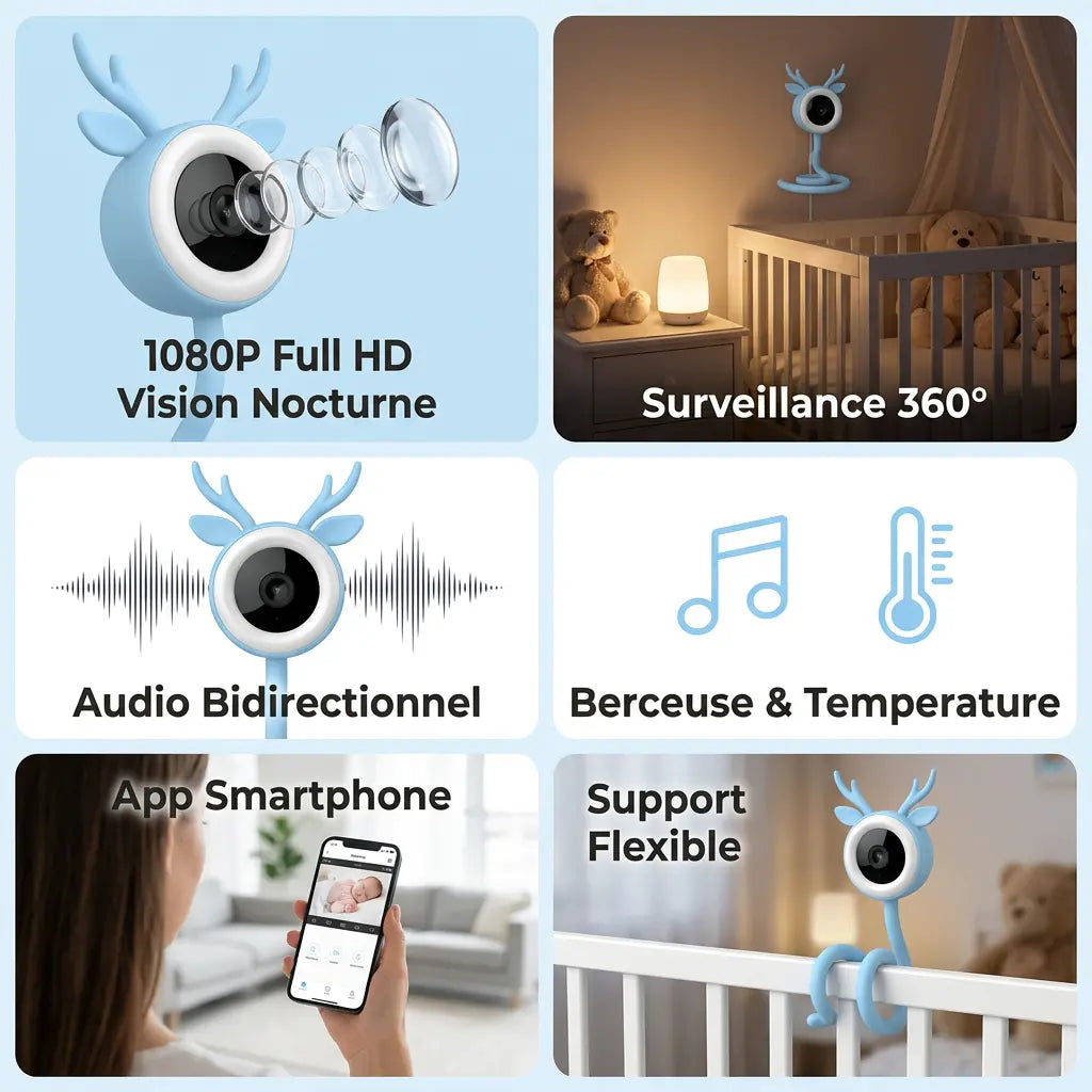 Babyphone Cerf - 1080P Full HD, Surveillance 360, Audio Bidirectionnel, Berceuse, App Smartphone, Support Flexible