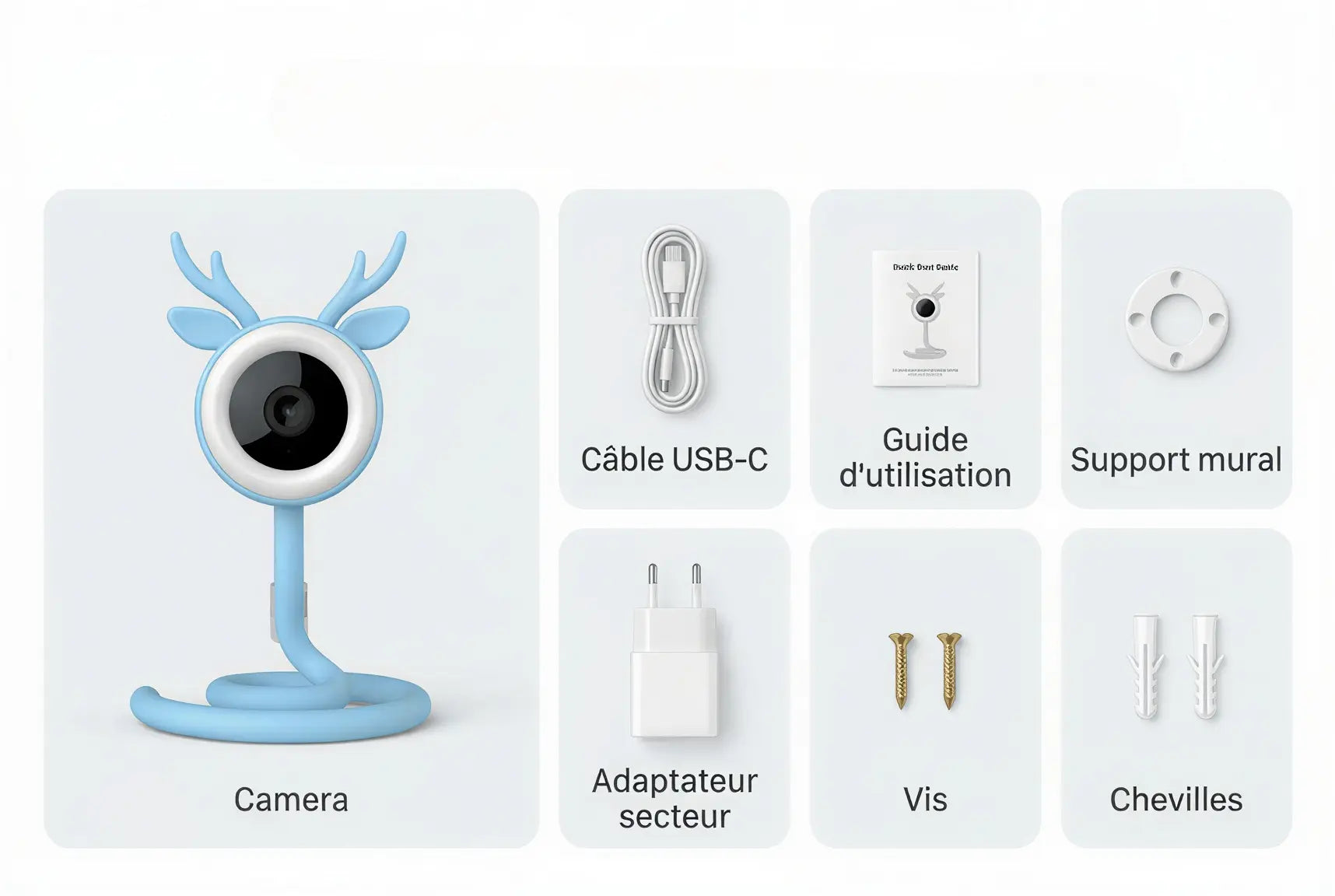 Contenu du coffret - Camera, Cable USB-C, Guide, Support mural, Adaptateur secteur, Vis, Chevilles